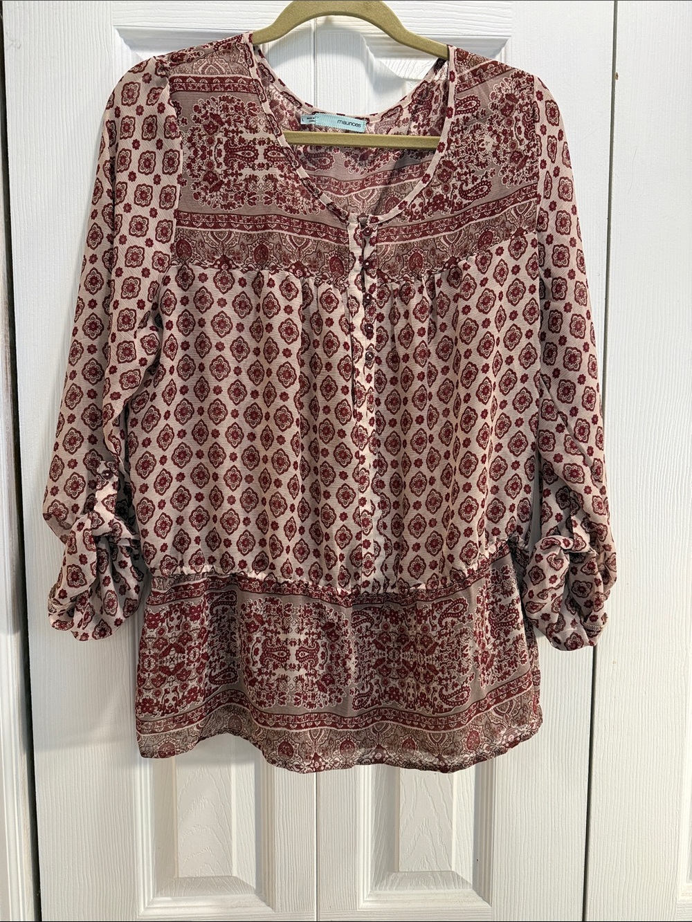 Women’s Long Sleeve Printed Peasant Top - Pink/Red